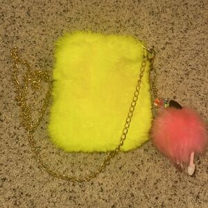 Neon Yellow Fluffy Bag With Pink Keychain
